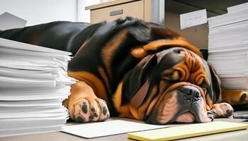 muito cansado grande cachorro em a arquivos dentro a escritório, generativo ai foto