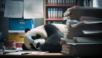 muito cansado panda dorme em grande quantidade do arquivos dentro a escritório, generativo ai foto