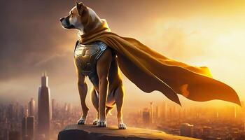 super herói cachorro em cobertura topo sobre cidade, generativo ai foto