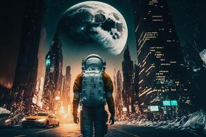 futurista astronauta em pé em a lua com Novo cidade, generativo ai foto