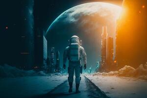 futurista astronauta em pé em a lua com Novo cidade, generativo ai foto