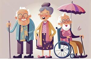 desenho animado velho pessoas. feliz envelhecido cidadãos, Desativado Senior em Mais velho cadeira de rodas e Cuidado idosos sorridente foto