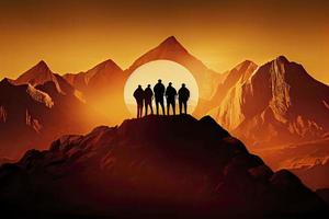 equipe sucesso conceito foto, amigos em pé juntos em a topo do a colina, sobre lindo montanhas panorama dentro ouro pôr do sol luz foto