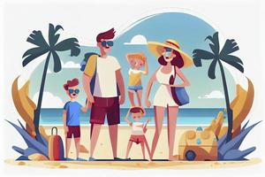 feliz família com dois crianças apreciar verão período de férias em à beira-mar. verão viagem e lazer em mar de praia foto