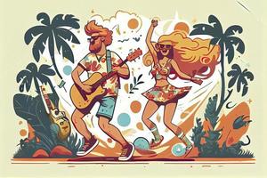 hippie personagens, jovem homem e mulher jogando guitarra e dançando em tropical de praia foto