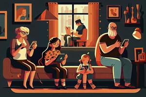 família usando smartphones e comprimidos, pais e crianças com telefones. social meios de comunicação vício foto