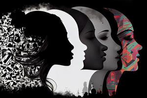 mulher face silhueta dentro perfil com grupo do multicultural e multiétnico mulheres rostos dentro foto