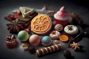 prato do Natal biscoitos, bolos de copo e doce bengalas foto