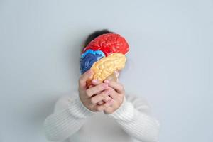 mulher segurando humano cérebro modelo. mundo cérebro tumor dia, cérebro AVC, demência, Alzheimer, Parkinson e mundo mental saúde conceito foto