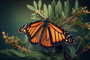 ai gerado lindo laranja monarca borboleta dentro ao ar livre flor jardim. foto