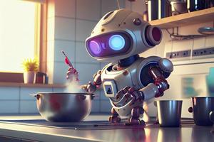 robô chefe de cozinha cozinhando dentro cozinha do futuro casa gênio, inteligente robô trabalhando dentro moderno casa foto
