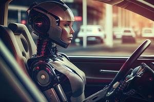 humanóide robô dirigindo Autônomo carro, futuro tecnologia conceito foto