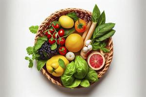 saudável Comida dentro uma cesta, estúdio tiro do diferente frutas e legumes isolado em uma branco fundo foto