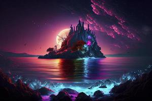 fantasia paisagem marítima, néon cores, Magia luzes em a água foto