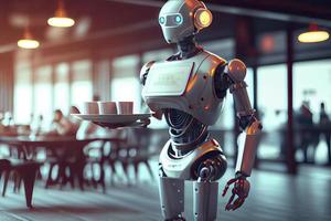uma humanóide robô garçom carrega uma bandeja do Comida e bebidas dentro uma restaurante foto