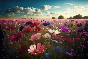 uma campo do flores dentro cheio florescer. ai gerado foto