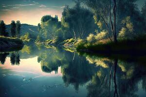 ai gerado uma rio ou lago com reflexões do em torno da natureza. foto