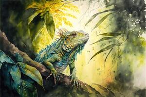 ai gerado fofa iguana em pé em uma ramo aguarela pintura. foto