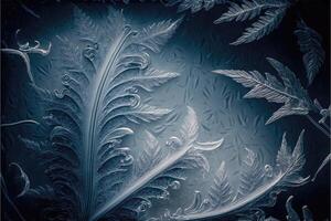 ai gerado inverno geada folhas padrões em vidro. folha gelo cristais em frio inverno fundo. foto