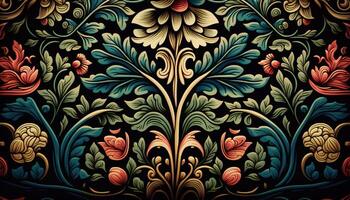 generativo ai, floral colorida padronizar. William Morris inspirado natural plantas e flores fundo, vintage ilustração. folhagem ornamento. foto