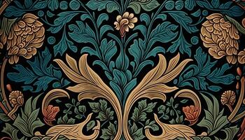 generativo ai, floral colorida padronizar. William Morris inspirado natural plantas e flores fundo, vintage ilustração. folhagem ornamento. foto