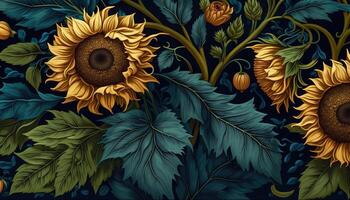 generativo ai, floral colorida padronizar. William Morris inspirado natural plantas e girassóis fundo, vintage ilustração. folhagem ucraniano ornamento. foto