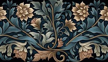 generativo ai, floral colorida padronizar. William Morris inspirado natural plantas e flores fundo, vintage ilustração. folhagem ornamento. foto