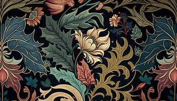 generativo ai, floral colorida padronizar. William Morris inspirado natural plantas e flores fundo, vintage ilustração. folhagem ornamento. foto