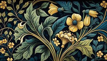 generativo ai, floral amarelo, azul, verde cores padronizar. William Morris inspirado natural plantas e flores fundo, vintage ilustração. folhagem ornamento. foto