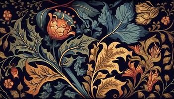 generativo ai, floral colorida padronizar. William Morris inspirado natural plantas e flores fundo, vintage ilustração. folhagem ornamento. foto