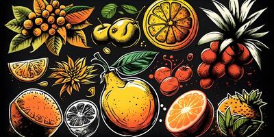 rabisco frutas fundo. natural tropical fruta, rabiscos citrino laranja, uva, goiaba, banana, pera, e Vitamina limão. orgânico frutas ou vegetariano Comida. ai gerado foto