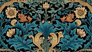 generativo ai, floral colorida padronizar. William Morris inspirado natural plantas e flores fundo, vintage ilustração. folhagem ornamento. foto
