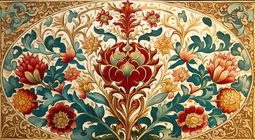 generativo ai, floral colorida islâmico árabe padronizar. William Morris inspirado natural plantas e flores fundo, vintage ilustração. folhagem ornamento. foto