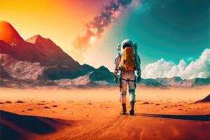 ai gerado astronauta caminhando através deserto em Marte planeta abstrato fundo foto
