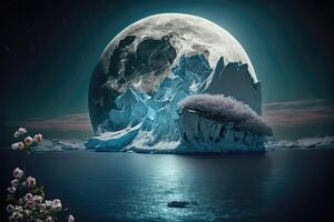 ai gerado gigante lua brilha atrás frio icebergs, congeladas lago e flor arbustos abstrato fundo foto