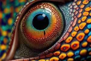 ai gerado abstrato multicolorido olho do lagarto pontilhado pele. fechar acima macro visualizar. foto