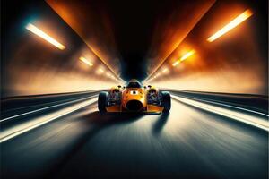 ai gerado esporte corrida carro é corrida às Alto Rapidez dentro iluminado estrada túnel 3d. foto