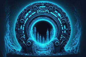 ai gerado círculo portais ou teleporte cyber tecnologia dentro fantasia Magia mundo em azul fundo foto