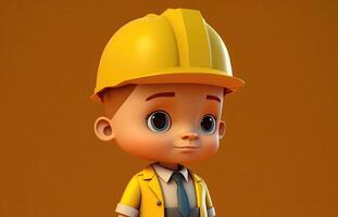 ai gerado fofa jovem Garoto engenheiro em pé em amarelo fundo. 3d desenho animado estilo. foto