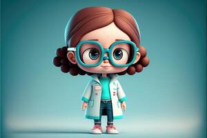 ai gerado fofa jovem menina médico em pé em azul fundo. 3d desenho animado estilo. foto
