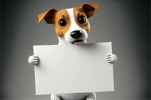 ai gerado 3d fofa cachorro desenho animado segurando em branco placa. 3d animal fundo. adequado para bandeiras, sinais, logotipos, vendas, desconto, produtos promoções, etc foto