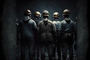 ai gerado grupo do mineiros vestindo segurança capacetes em pé dentro a meu foto