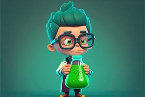 ai gerado fofa jovem Garoto cientista segurando uma laboratório frasco em verde fundo. 3d desenho animado estilo. foto