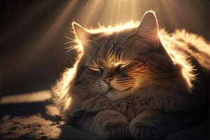 ai gerado uma gato sentado dentro uma raio de Sol com Está olhos fechado. foto