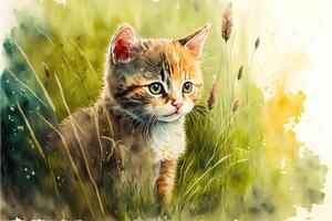 ai gerado fofa gatinho é jogando dentro grama. aguarela pintura do fofa gato animal animais. foto