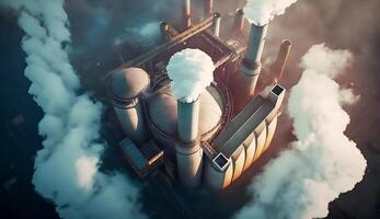 industrial fábrica poluição, chaminé escape gases, mau atmosfera, generativo ai foto