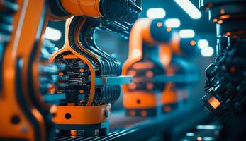 industrial máquina automático robótico braço, inteligente moderno fábrica automação usando avançado máquinas, industrial 4,0 fabricação processo, generativo ai foto