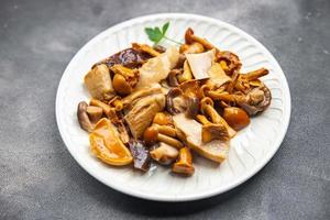 cogumelo salada misturar Aperitivo branco cogumelo, boletos cogumelo, chanterelle cogumelo, pronto para comer saudável refeição Comida lanche em a mesa cópia de espaço Comida fundo rústico topo Visão foto