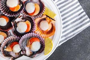 fresco Vieira Concha frutos do mar refeição lanche em a mesa cópia de espaço Comida fundo rústico topo Visão foto