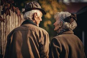 costas Visão do a idosos casal ao ar livre. idosos homem e mulher estão caminhando junto, tendo romântico relação. feliz velho idade. criada com generativo ai foto